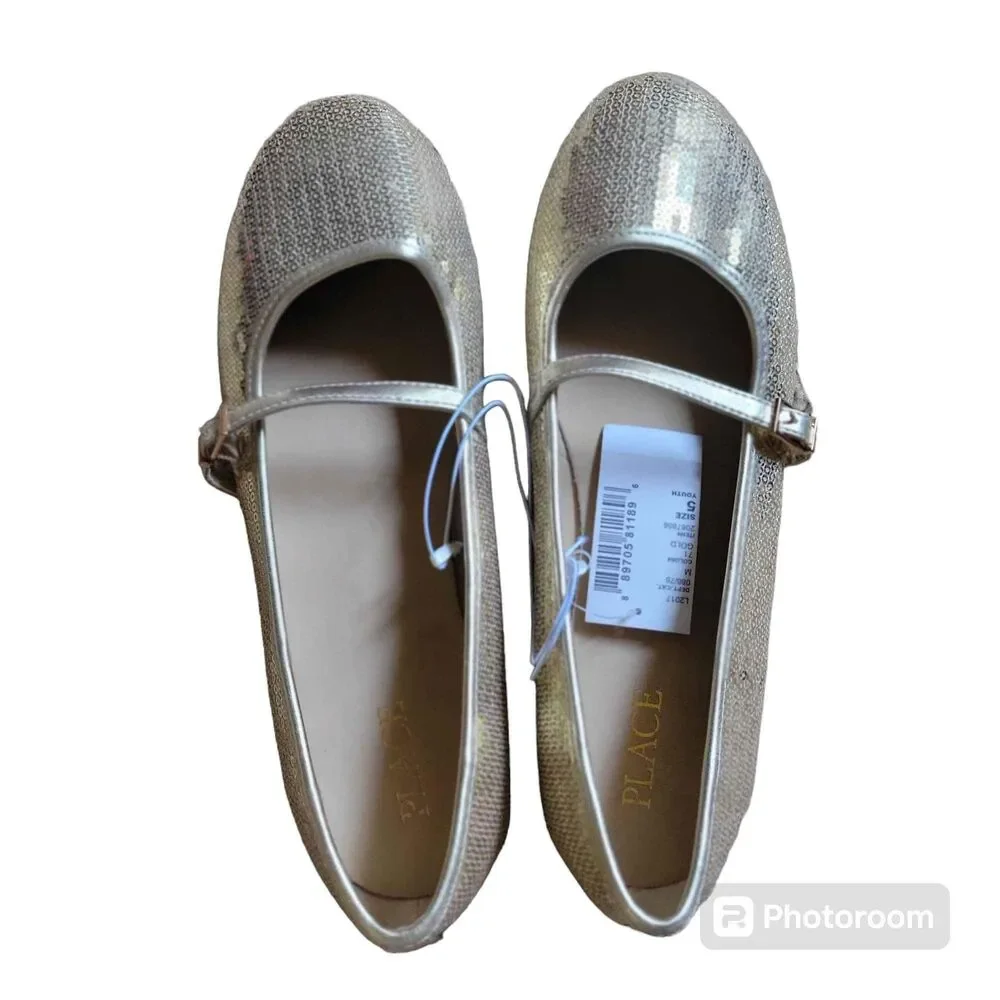 NWT Girls Size 5 Gold Sequin Mary Jane Flats